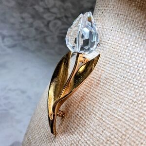 Vintage Swarovski Crystal Tulip Brooch Pin Cut Crystal Gold Tone Long Pin